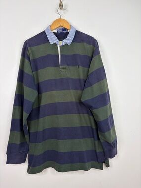 Vintage Polo Ralph Lauren Rugby Shirt Mens XL Blue Green Stripe Long Sleeve
